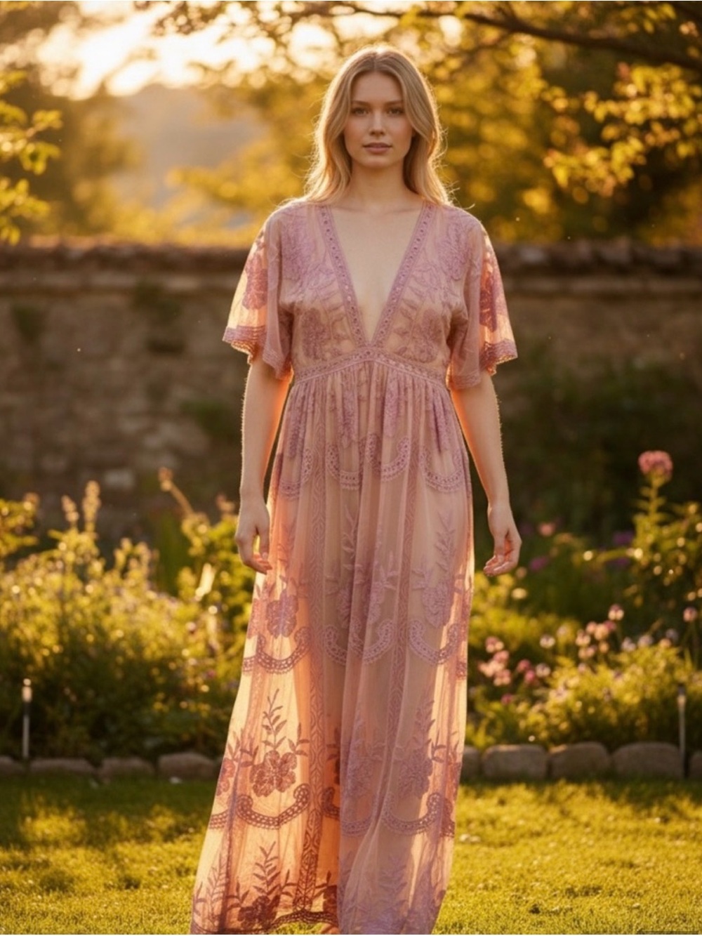 Wild Honey Dusty Rose Lace V-Neck Maxi Dress